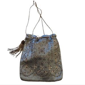NWT Megan Park handmade beaded silk drawstring bag light blue